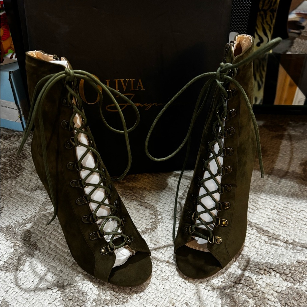 Olive Green Suede Lace-Up Open Toe Boots Olivia‎ Ferguson